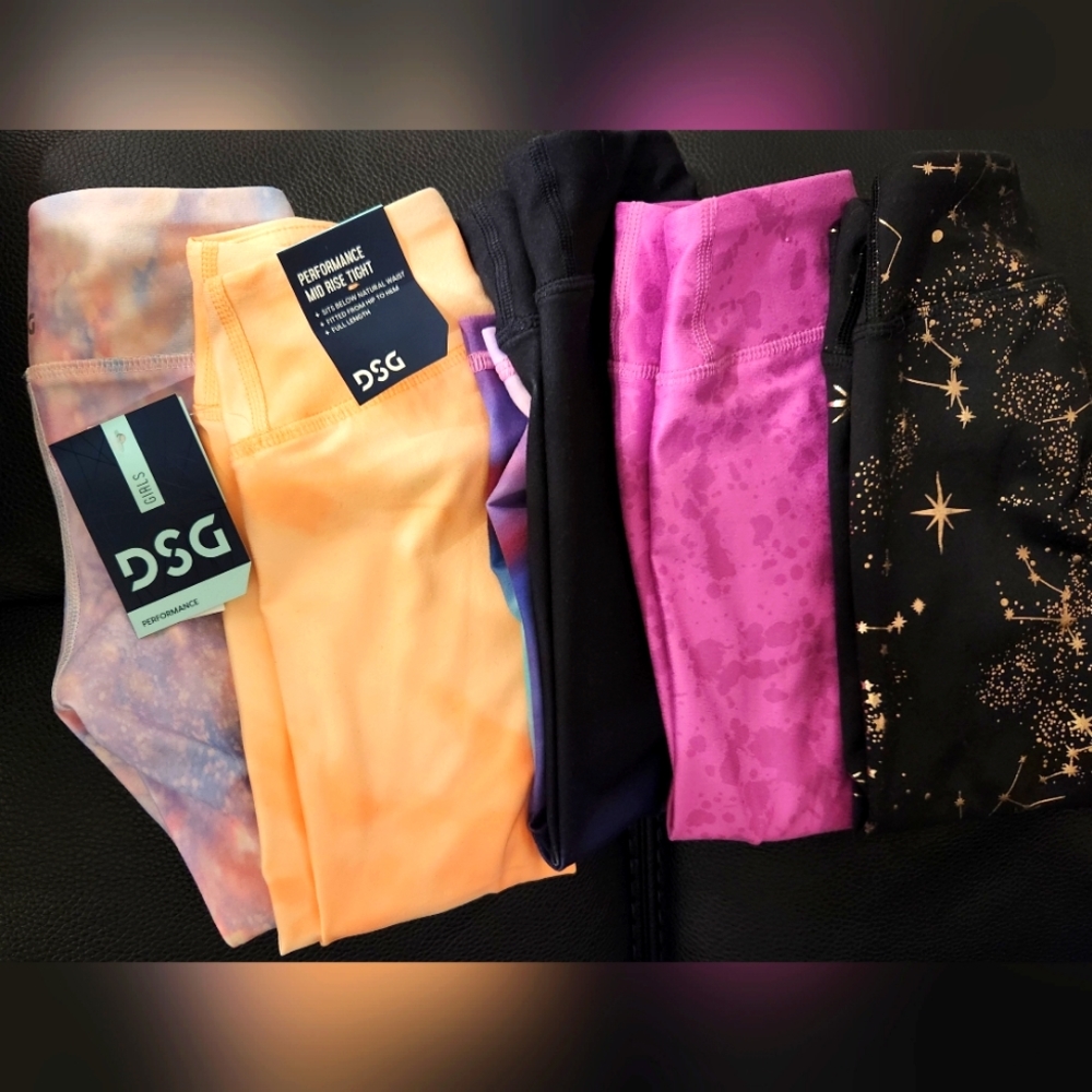 5 pairs- size 4-5 girls performance leggings. All brand new (1 with tag only)